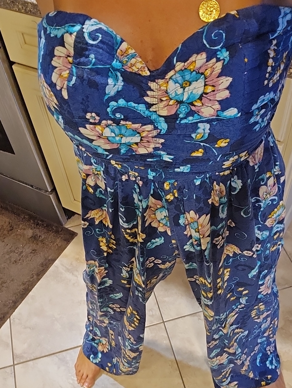 Free People Navy Floral Strapless Tube Wide-Leg Jumpsuit